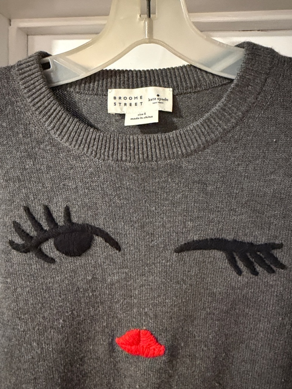 Kate Spade Broome Street Gray Crewneck Sweater with Black Winking Eye - Picture 2 of 7